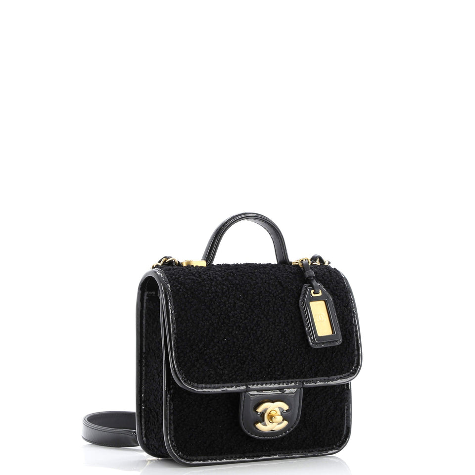 School Memory Top Handle Flap Bag Quilted Tweed with Patent Mini
