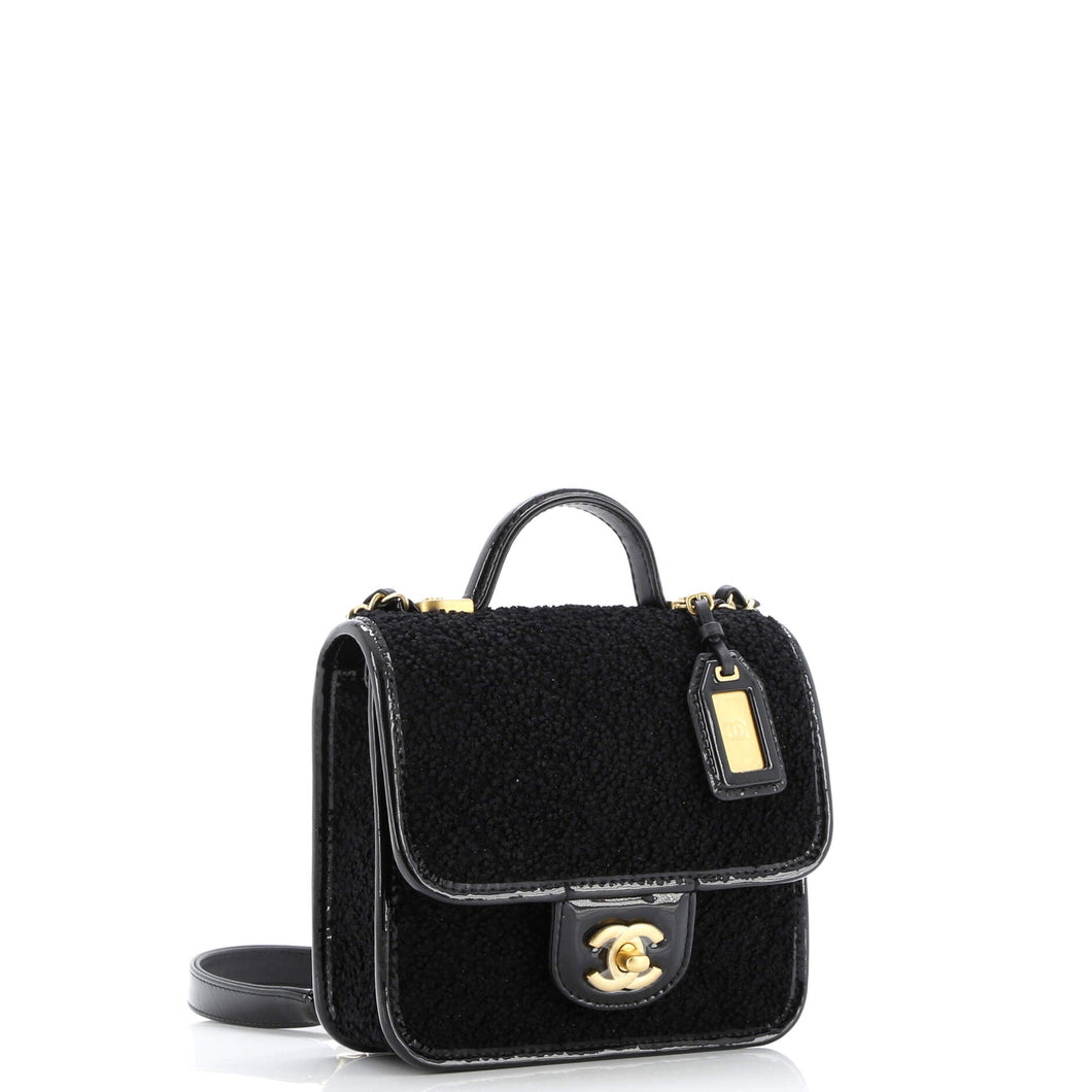 School Memory Top Handle Flap Bag Quilted Tweed with Patent Mini