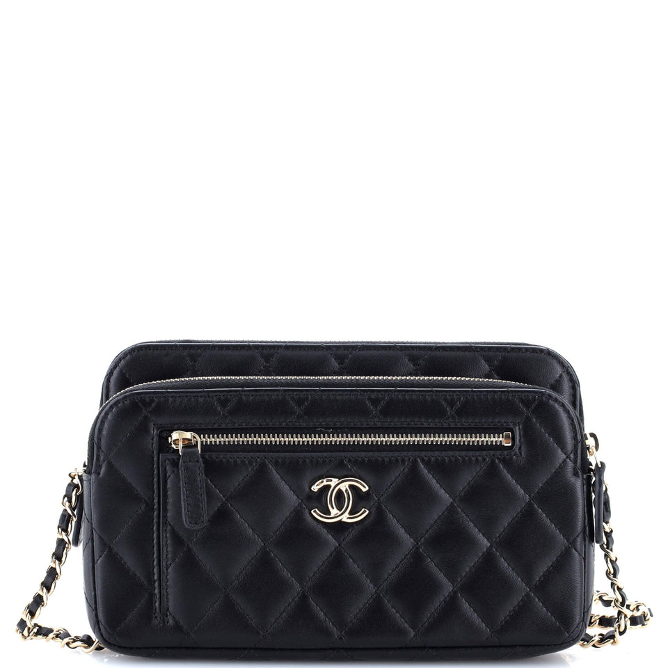 Front Pocket Double Zip Clutch with Chain Quilted Lambskin Small