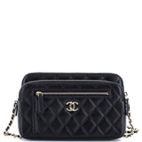 Front Pocket Double Zip Clutch with Chain Quilted Lambskin Small