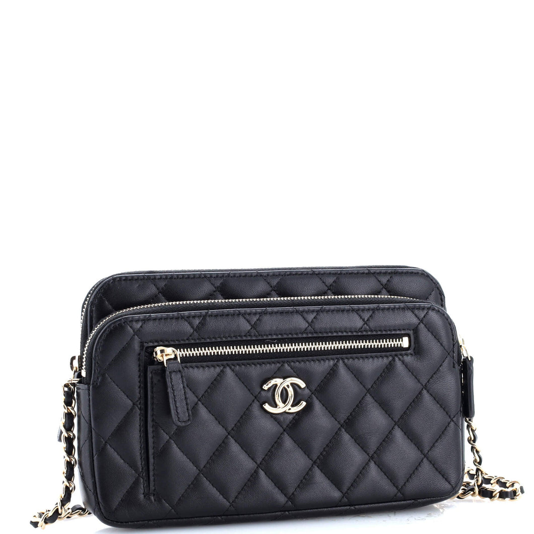 Front Pocket Double Zip Clutch with Chain Quilted Lambskin Small