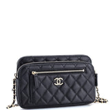 Front Pocket Double Zip Clutch with Chain Quilted Lambskin Small
