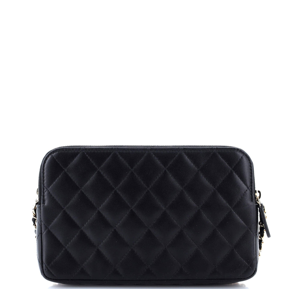 Front Pocket Double Zip Clutch with Chain Quilted Lambskin Small