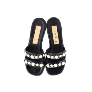Women's Double Strap Slide Sandals Leather and Faux Pearls