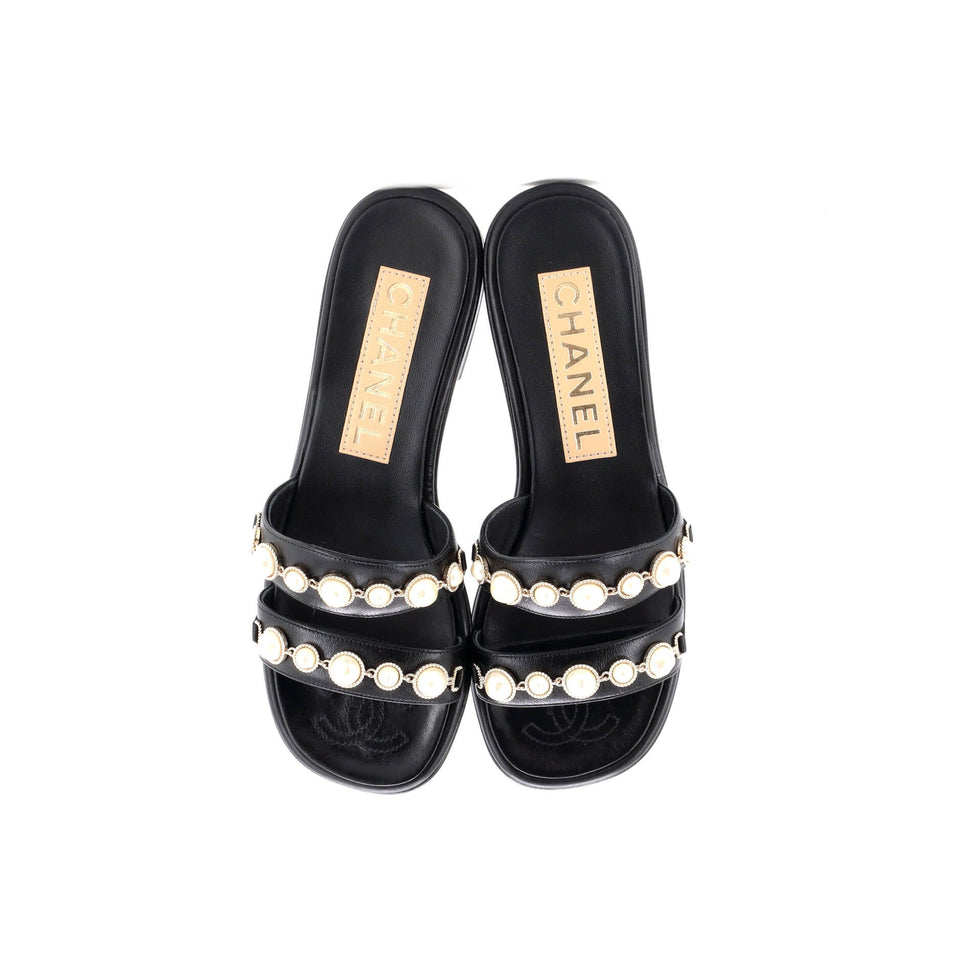 Women's Double Strap Slide Sandals Leather and Faux Pearls