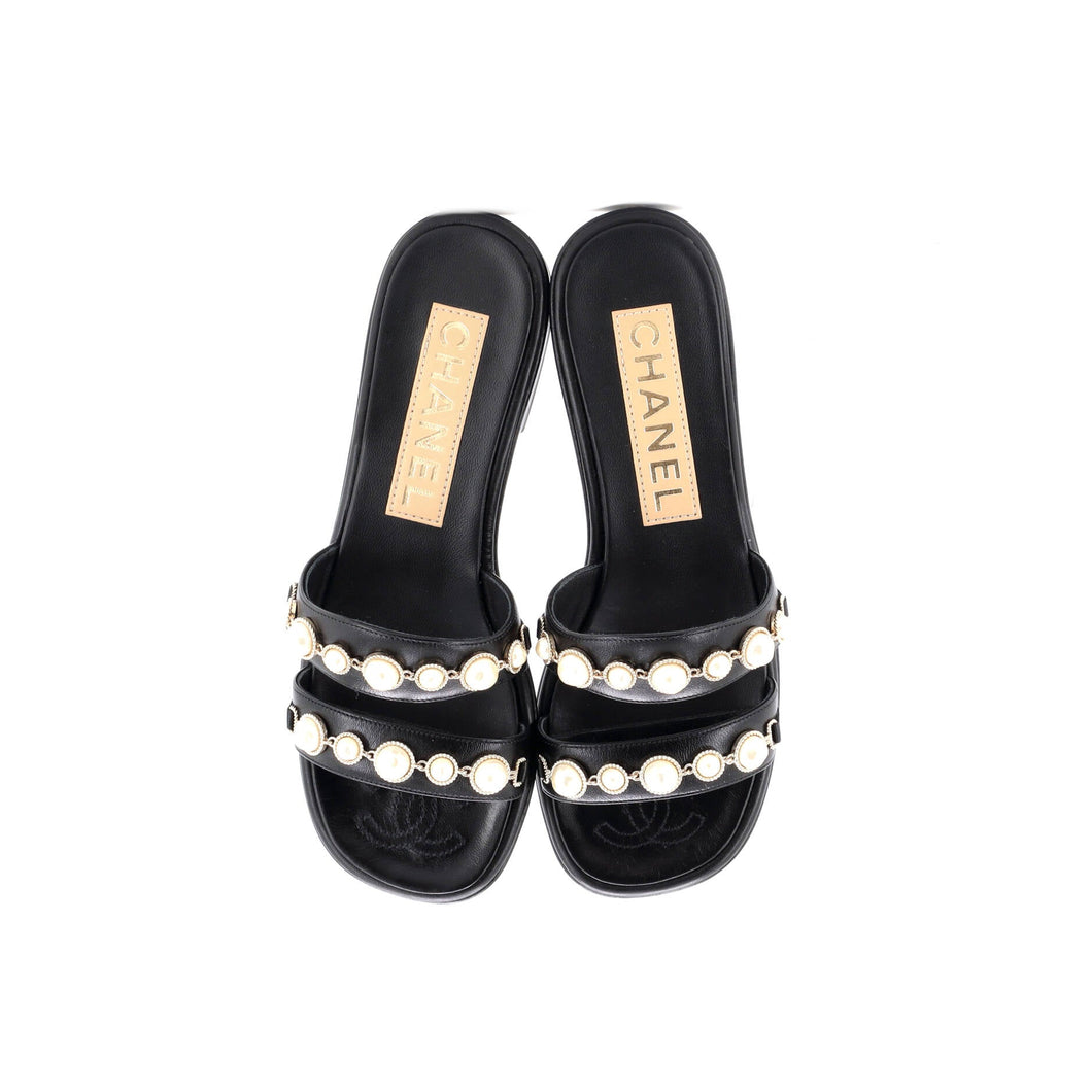 Women's Double Strap Slide Sandals Leather and Faux Pearls