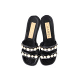 Women's Double Strap Slide Sandals Leather and Faux Pearls