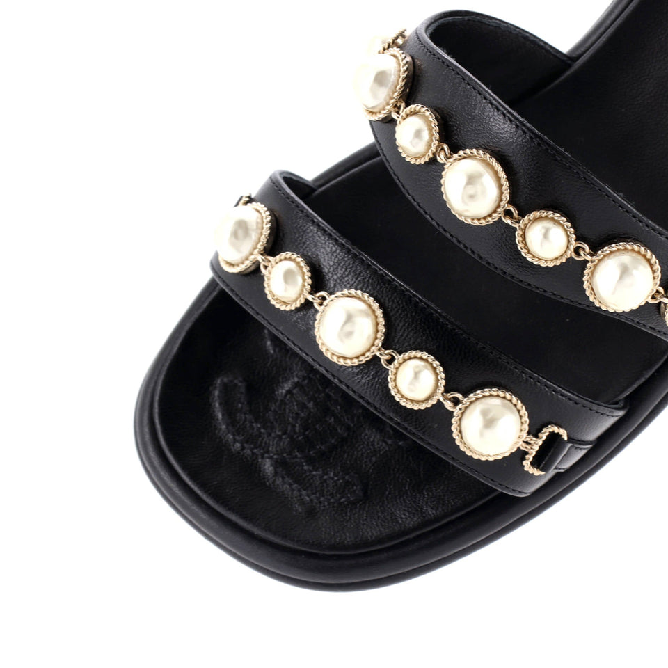Women's Double Strap Slide Sandals Leather and Faux Pearls