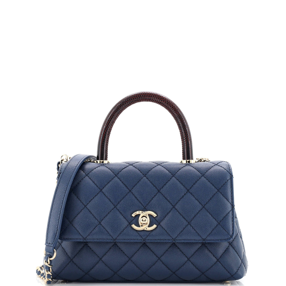 Coco Top Handle Bag Quilted Caviar with Lizard Embossed Handle Mini