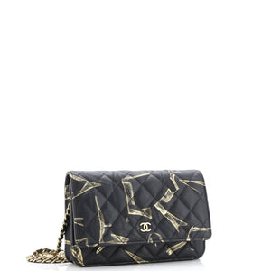 Wallet on Chain Quilted Printed Crumpled Calfskin