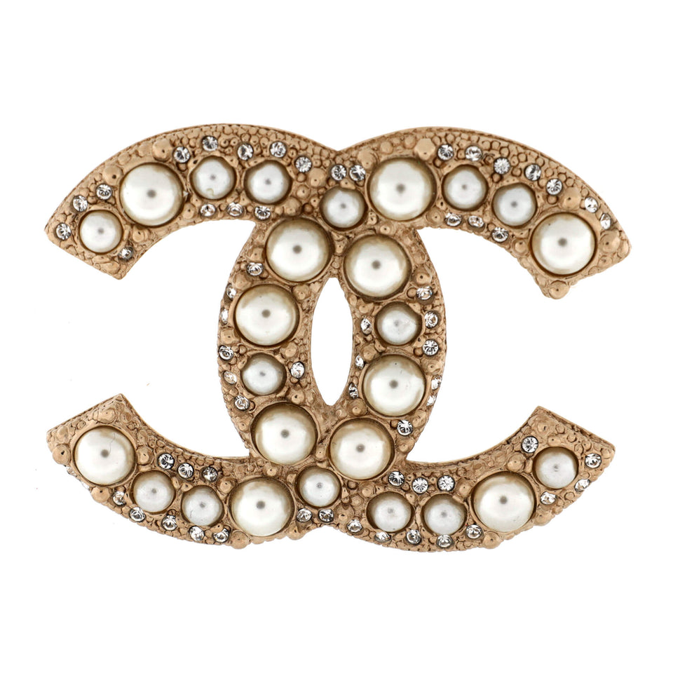 CC Brooch Metal with Crystals and Faux Pearls