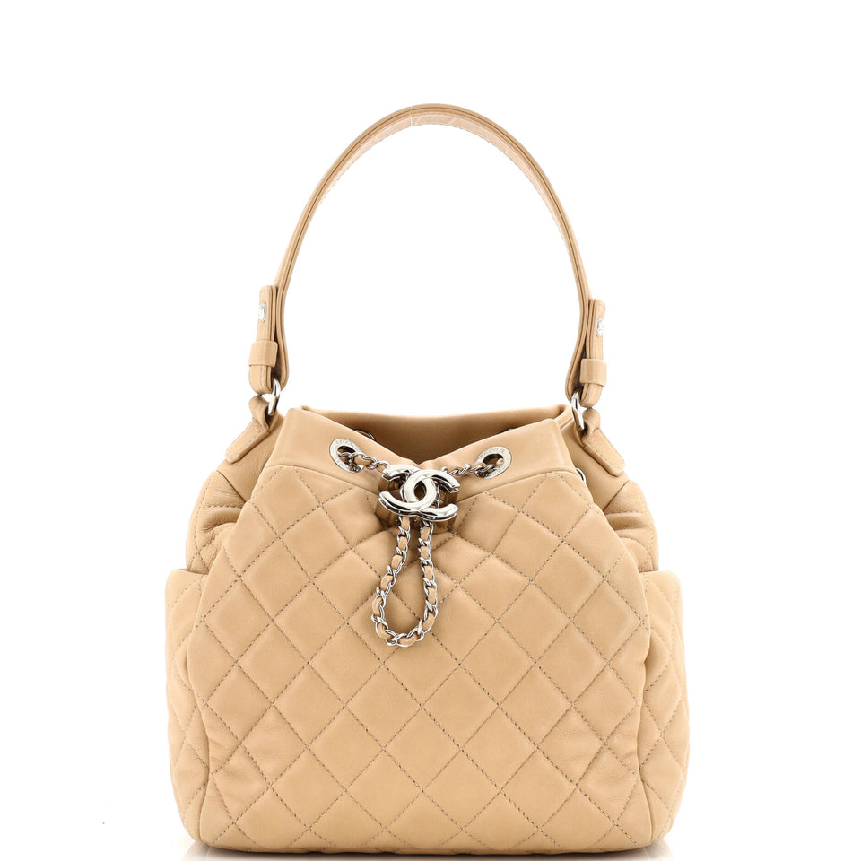 CC Chain Drawstring Bucket Bag Quilted Lambskin Small