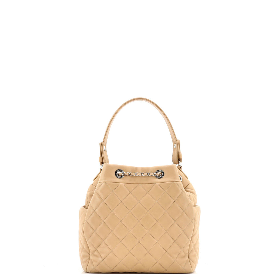 CC Chain Drawstring Bucket Bag Quilted Lambskin Small