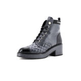 Women's Logo Pearl Cap Toe Lace Up Combat Boots Quilted Leather with Patent