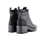 Women's Logo Pearl Cap Toe Lace Up Combat Boots Quilted Leather with Patent