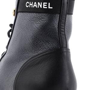 Women's Logo Pearl Cap Toe Lace Up Combat Boots Quilted Leather with Patent