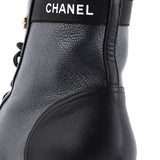 Women's Logo Pearl Cap Toe Lace Up Combat Boots Quilted Leather with Patent
