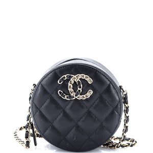 French New Wave Round Clutch with Chain Quilted Caviar