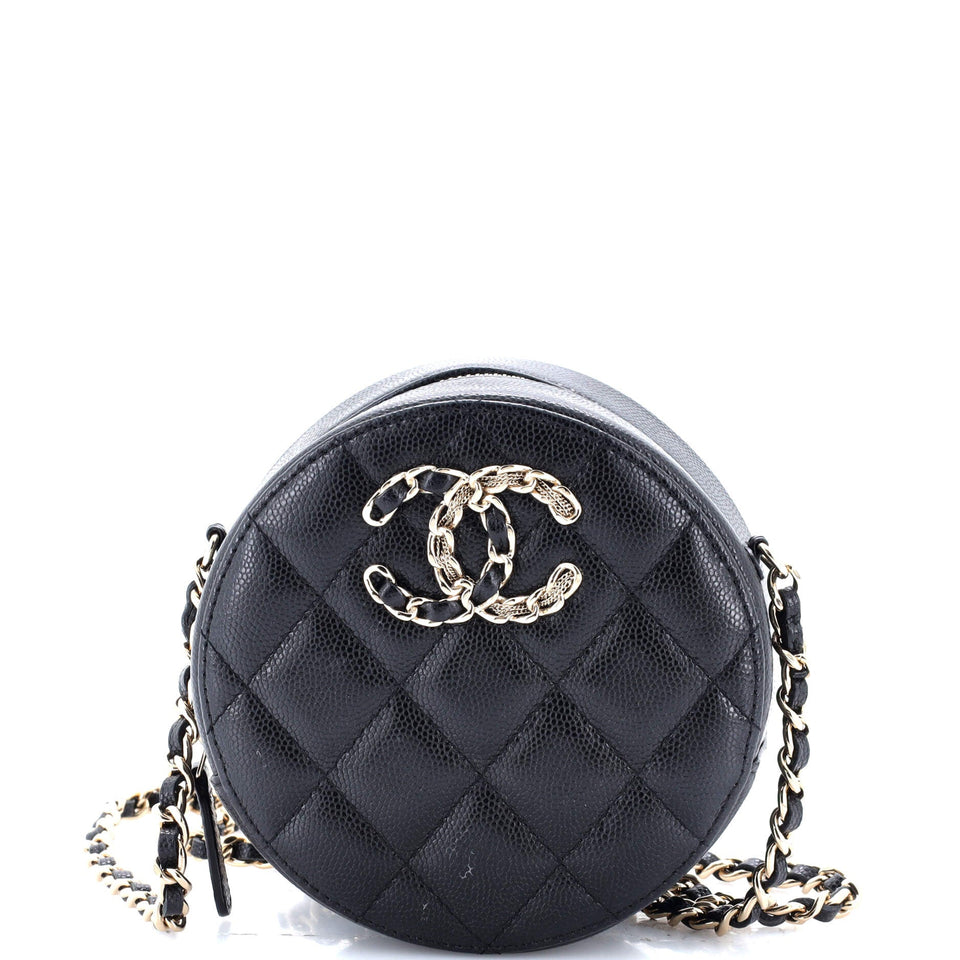 French New Wave Round Clutch with Chain Quilted Caviar