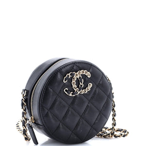 French New Wave Round Clutch with Chain Quilted Caviar