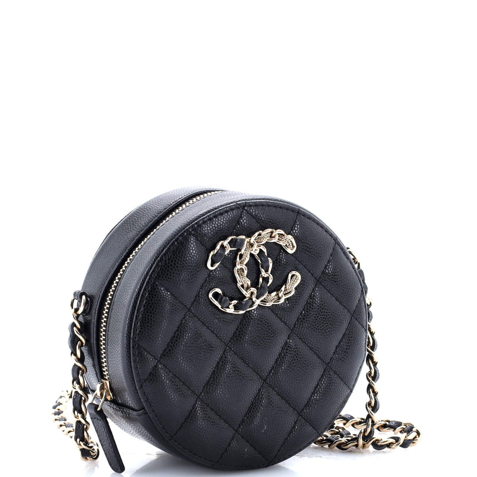 French New Wave Round Clutch with Chain Quilted Caviar
