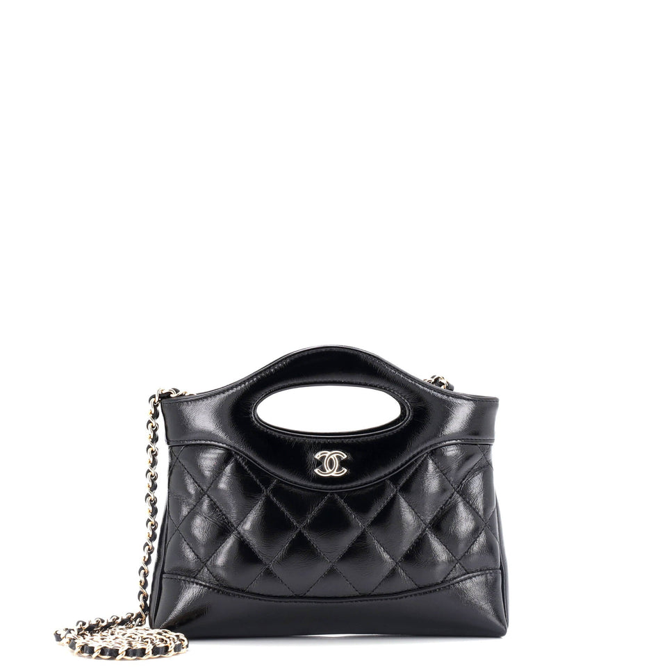31 Shopping Bag Clutch with Chain Quilted Shiny Crumpled Calfskin Small