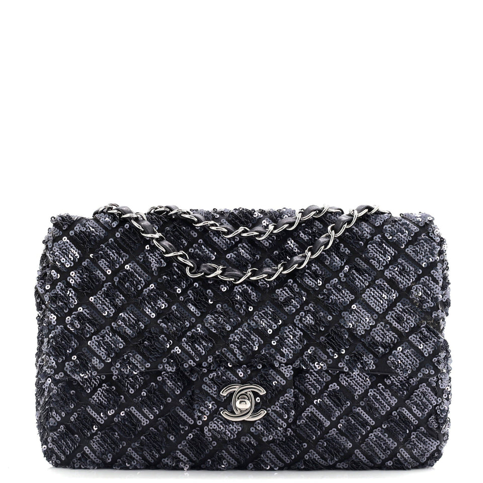 Classic Single Flap Bag Quilted Satin and Sequins Medium