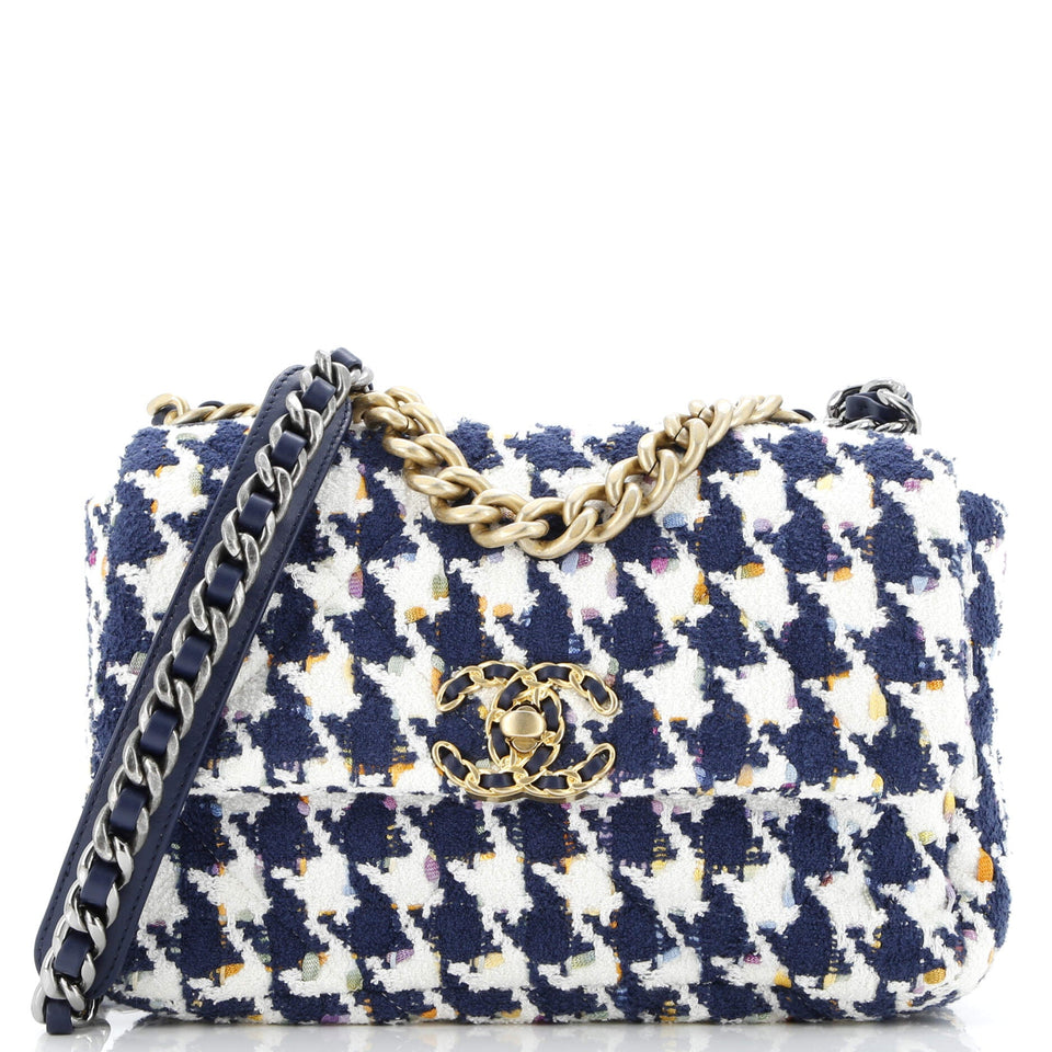 19 Flap Bag Quilted Houndstooth Tweed and Ribbon Medium