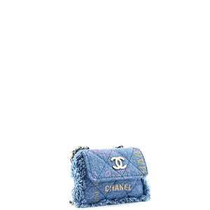 Denim Mood Flap Clutch with Chain Logo Printed Quilted Fringe Denim
