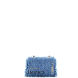 Denim Mood Flap Clutch with Chain Logo Printed Quilted Fringe Denim