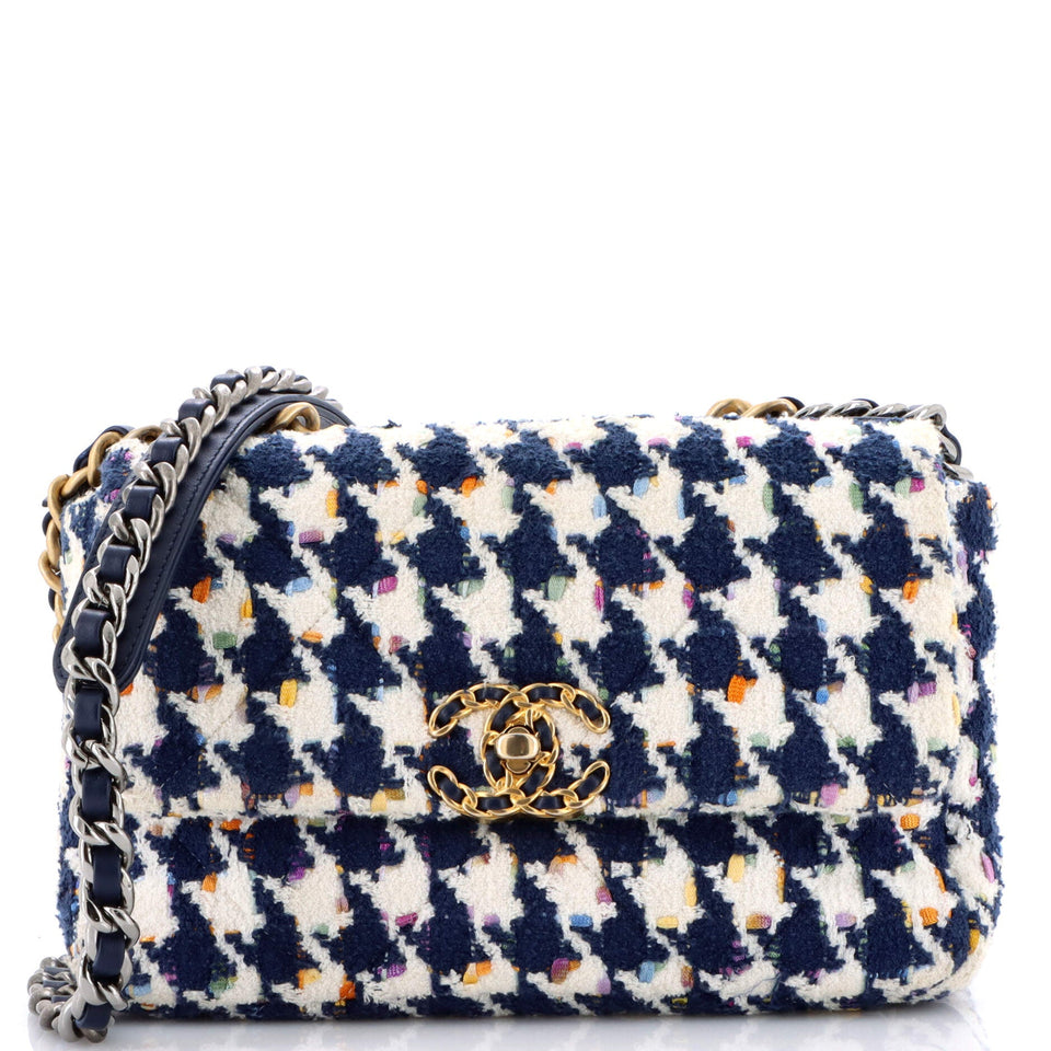 19 Flap Bag Quilted Houndstooth Tweed and Ribbon Medium