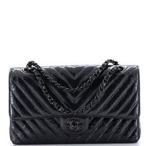 So Black Classic Double Flap Bag Chevron Crinkled Patent Medium