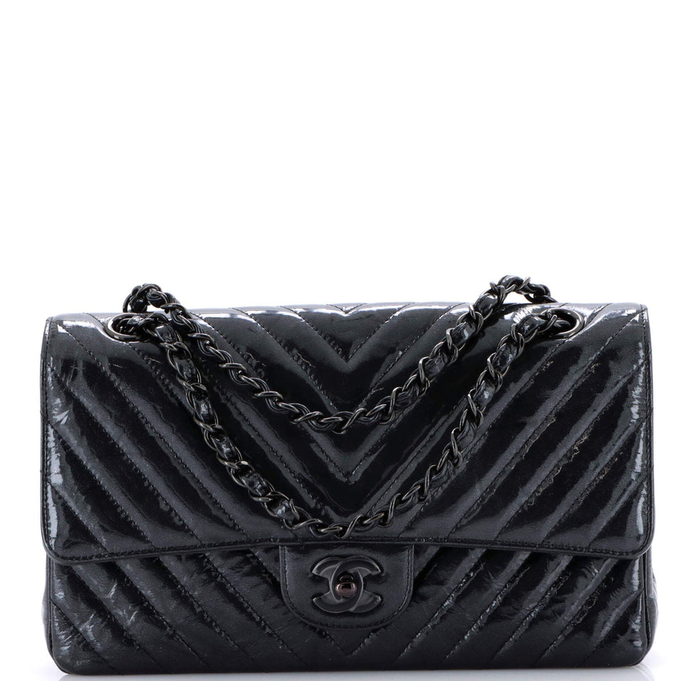 So Black Classic Double Flap Bag Chevron Crinkled Patent Medium