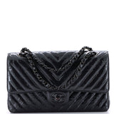So Black Classic Double Flap Bag Chevron Crinkled Patent Medium