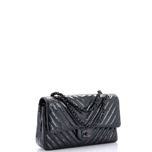So Black Classic Double Flap Bag Chevron Crinkled Patent Medium