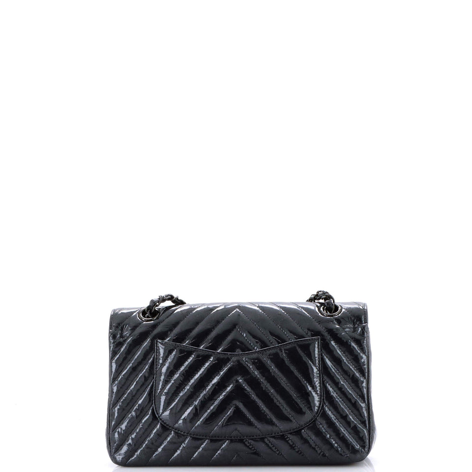 So Black Classic Double Flap Bag Chevron Crinkled Patent Medium