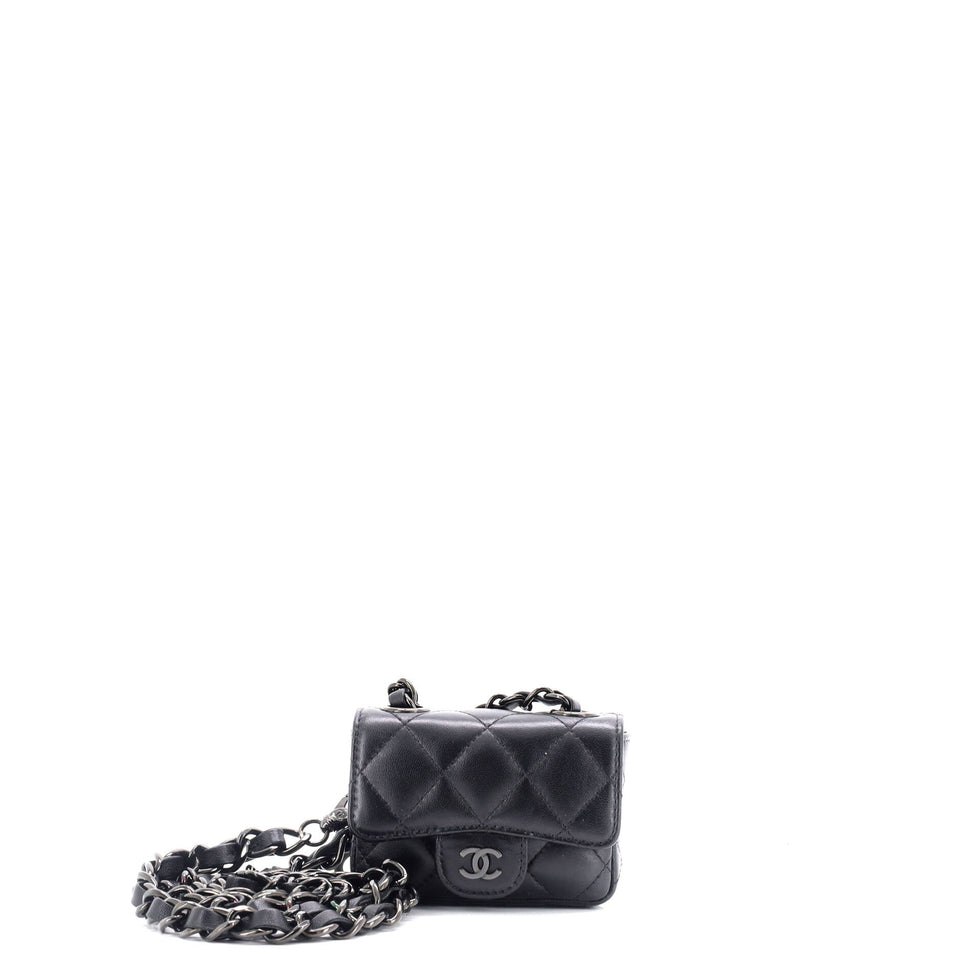 So Black Classic Flap Charm Chain Belt Bag Quilted Lambskin Mini