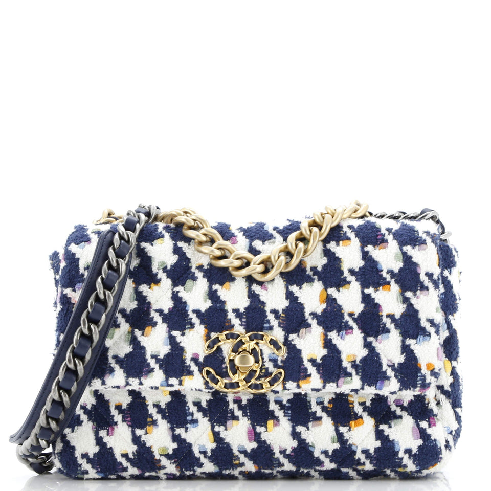 19 Flap Bag Quilted Houndstooth Tweed and Ribbon Medium