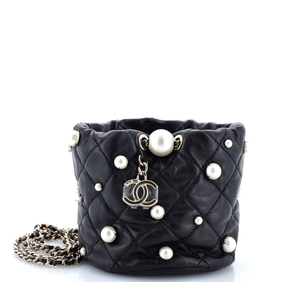 Drawstring Round Bucket Bag Pearl Embellished Quilted Lambskin Mini