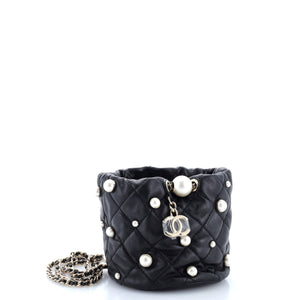 Drawstring Round Bucket Bag Pearl Embellished Quilted Lambskin Mini