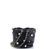 Drawstring Round Bucket Bag Pearl Embellished Quilted Lambskin Mini