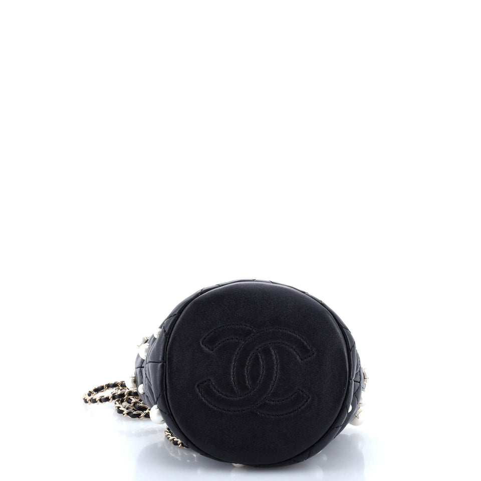 Drawstring Round Bucket Bag Pearl Embellished Quilted Lambskin Mini