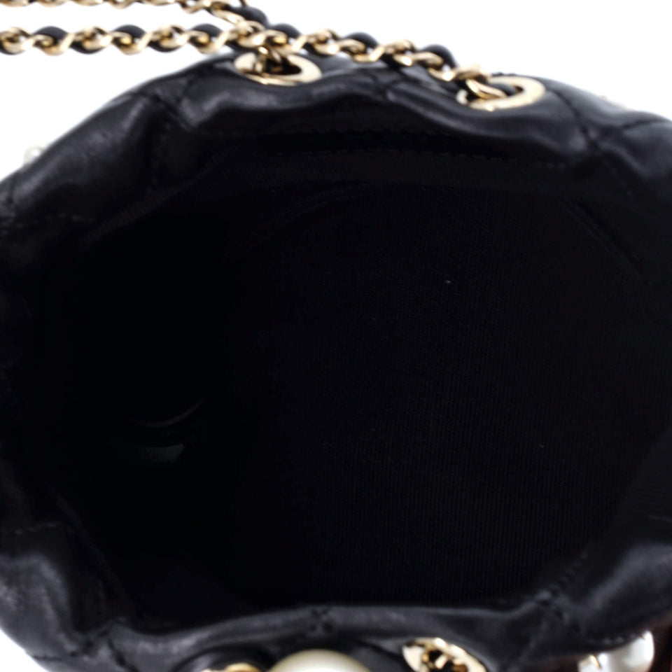 Drawstring Round Bucket Bag Pearl Embellished Quilted Lambskin Mini