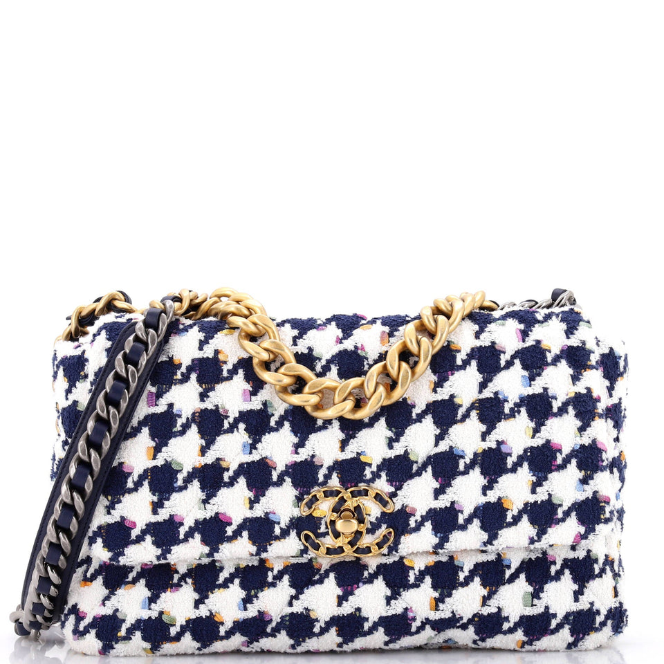 19 Flap Bag Quilted Houndstooth Tweed and Ribbon Large