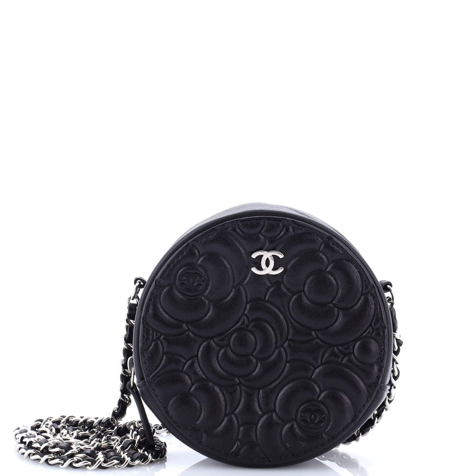 Round Clutch with Chain Camellia Goatskin Mini