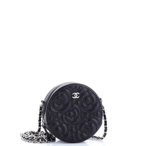 Round Clutch with Chain Camellia Goatskin Mini