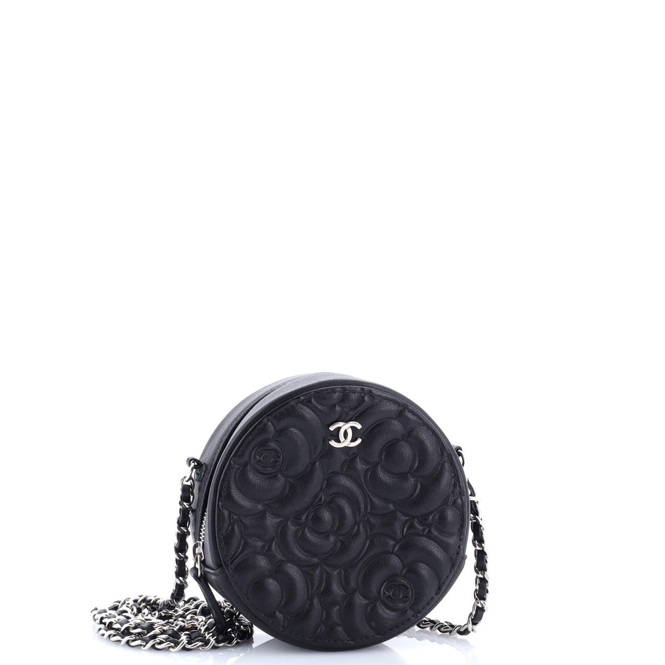 Round Clutch with Chain Camellia Goatskin Mini