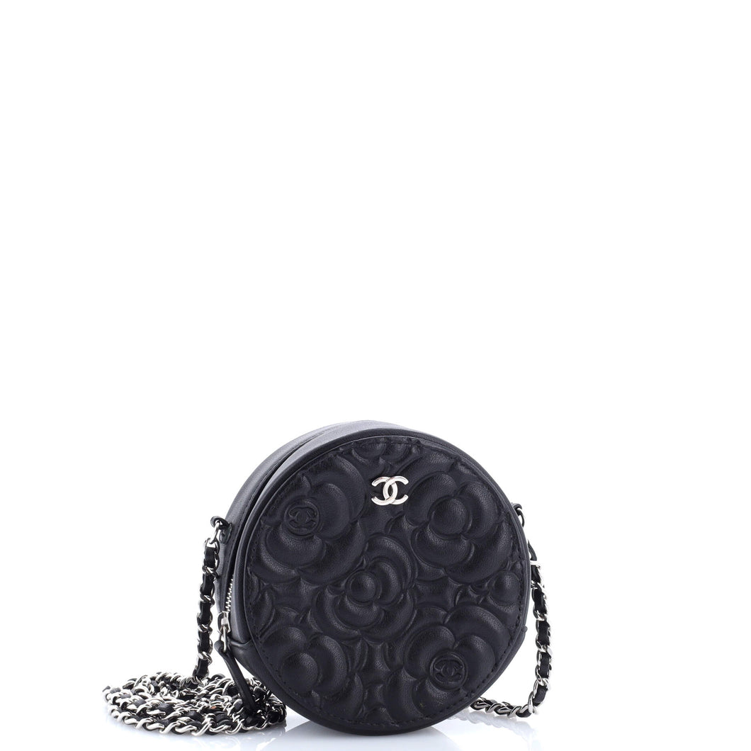 Round Clutch with Chain Camellia Goatskin Mini