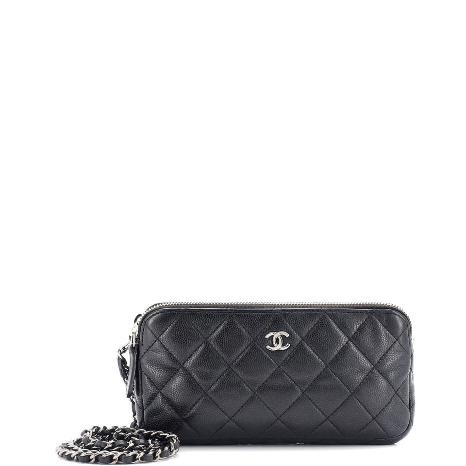 Double Zip Clutch with Chain Quilted Caviar