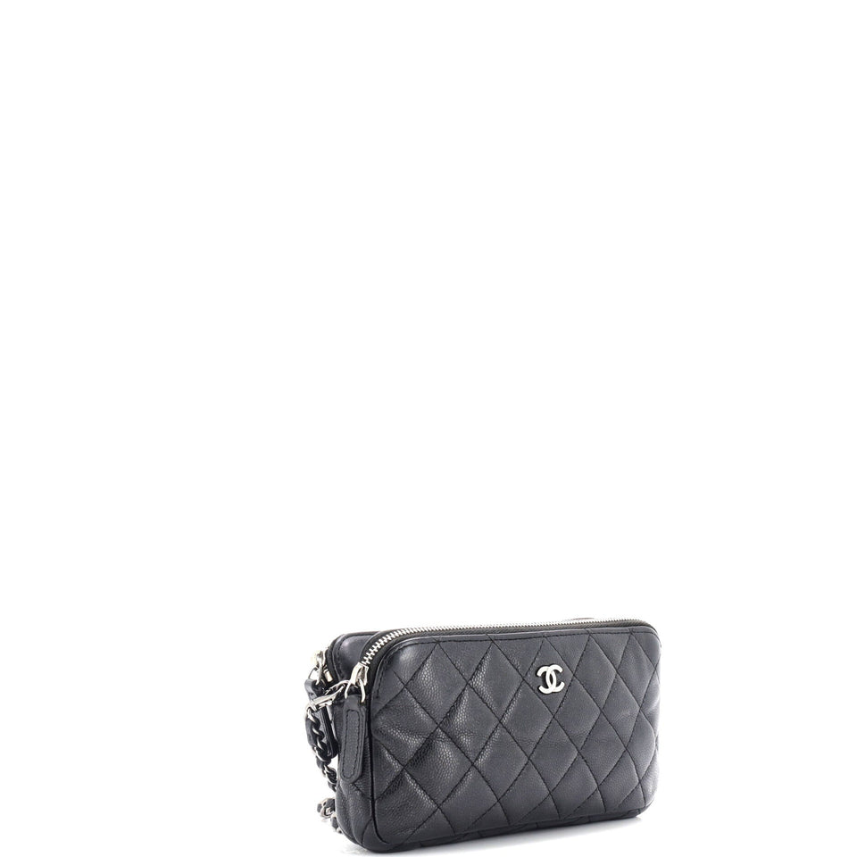 Double Zip Clutch with Chain Quilted Caviar